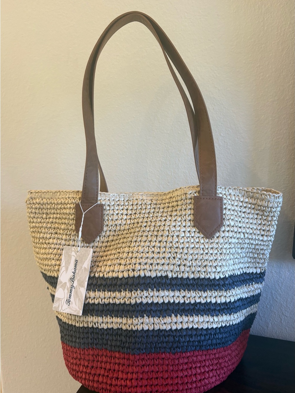 Tommy Bahama Red, Navy & Natural Striped Straw Tote